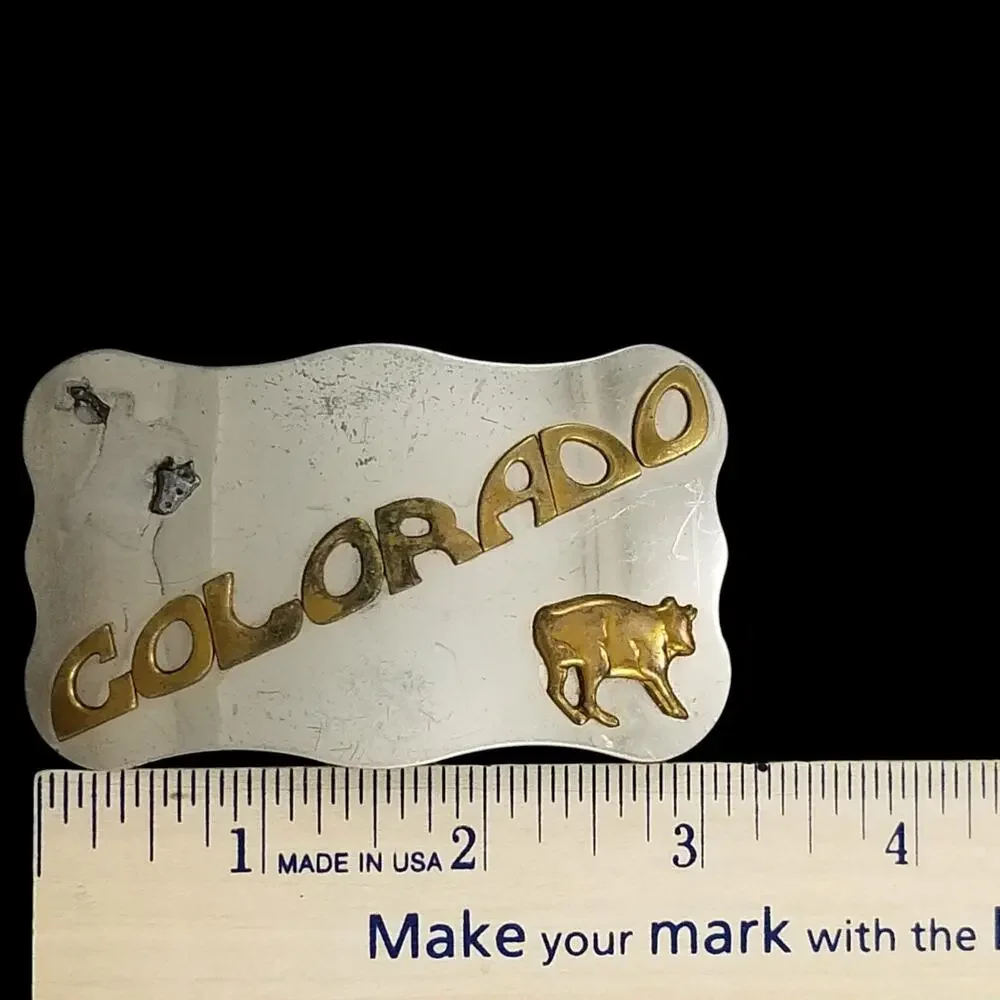 Vintage Belt Buckle Nickel‎ Silver Colorado State Silver And Gold Color Embossed